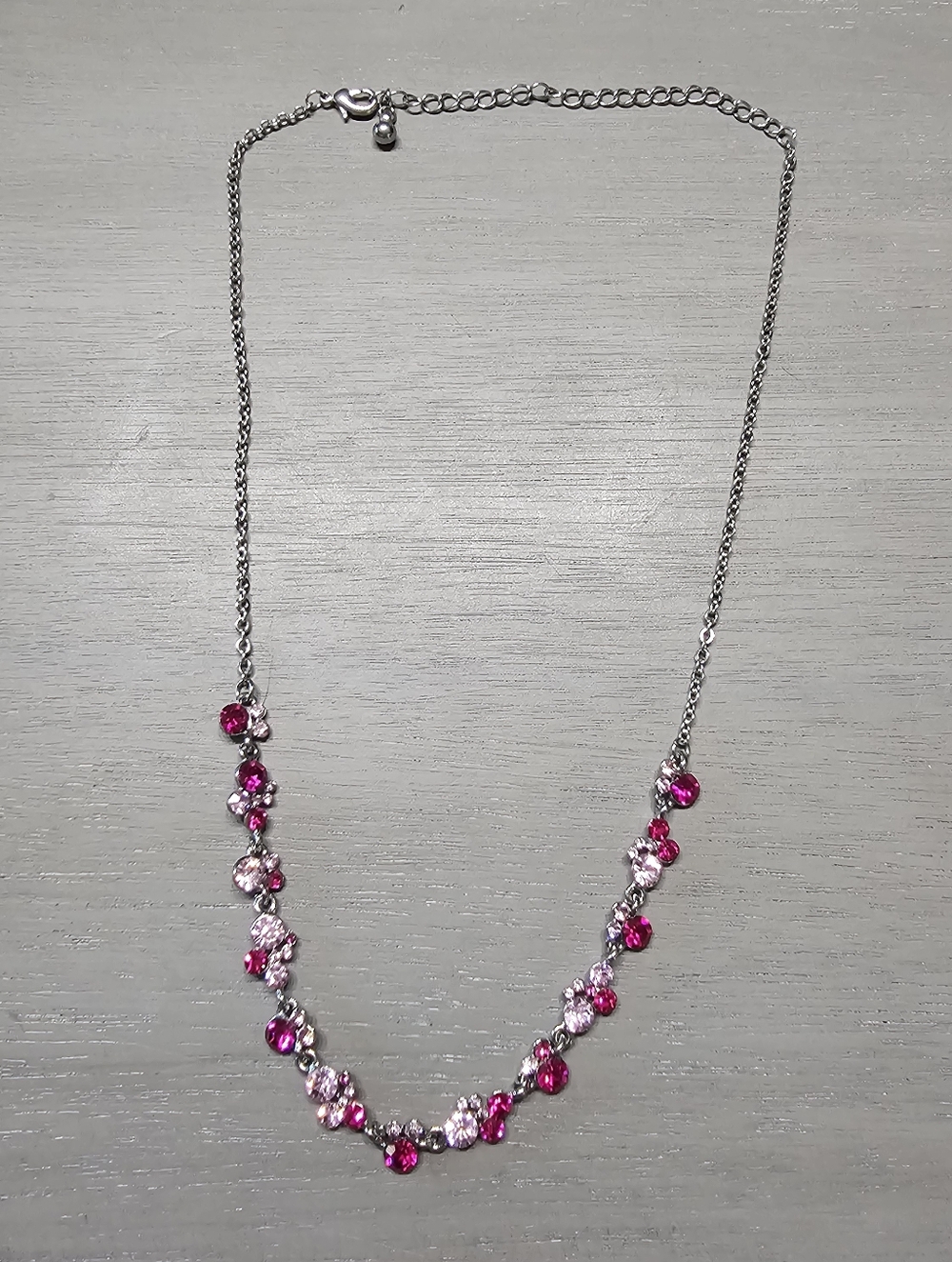 Pink Floral Rhinestone Statement Necklace Silver Tone Sparkling Cluster